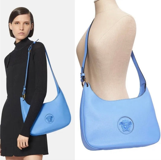 New VERSACE La Medusa Blue Leather Medium Hobo Convertible Strap Bag