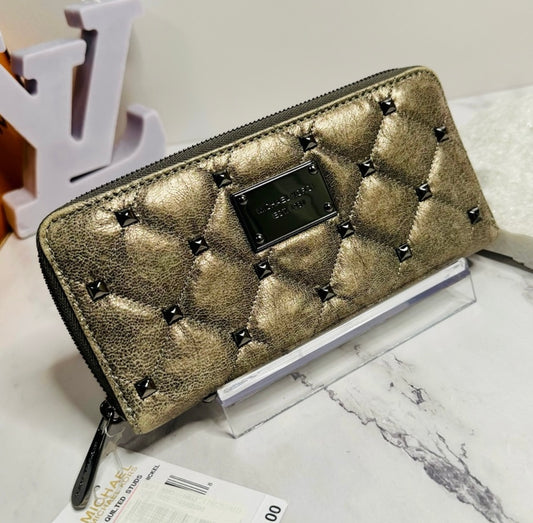New Michael Kors Distressed Quilted Dark Gray Nickel Leather & Stud Long Wallet