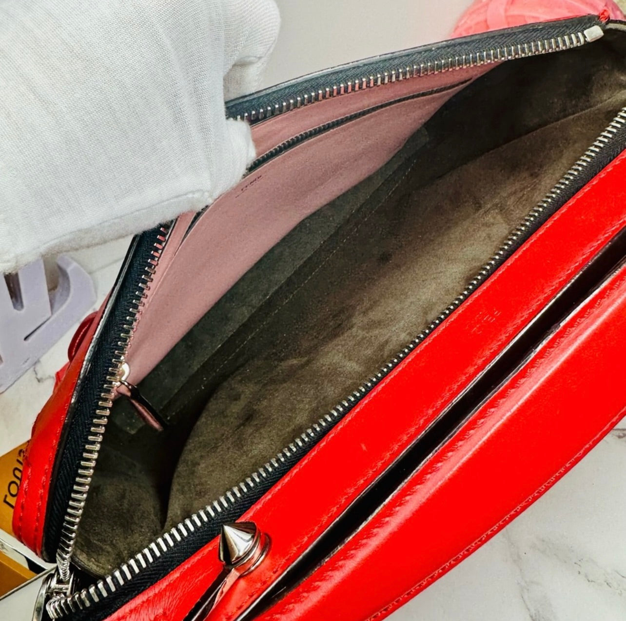 Fendi Medium Red Leather Whipstitch DotCom Convertible Satchel Bag