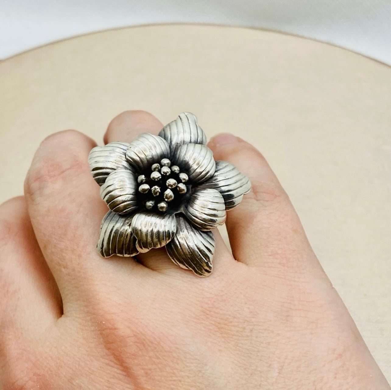 Vintage Oversized 925 Sterling Silver The Bloom Flower Design Adjustable Ring