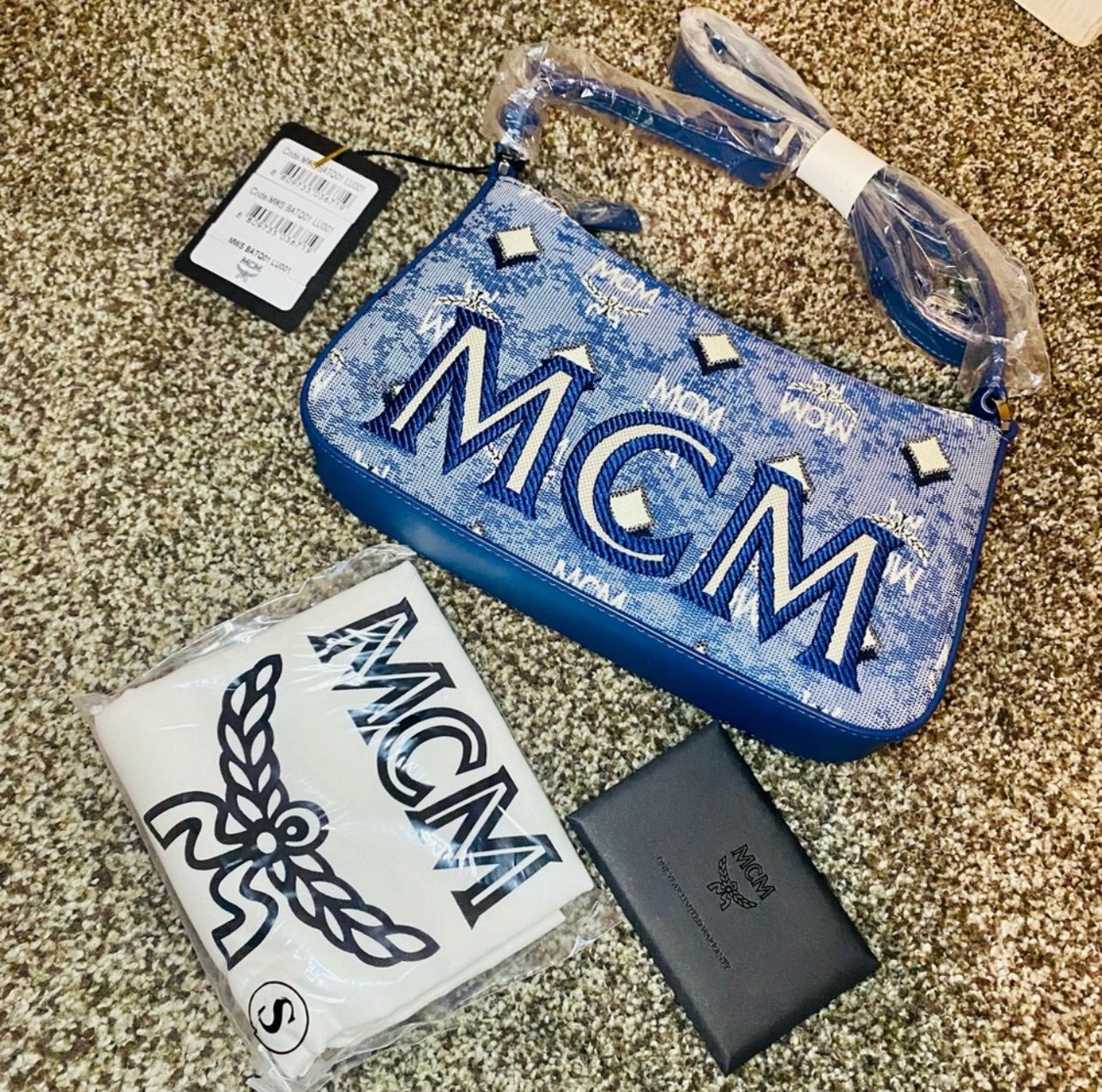 New MCM Blue Vintage Monogram Jacquard Aren Mini Shoulder Bag