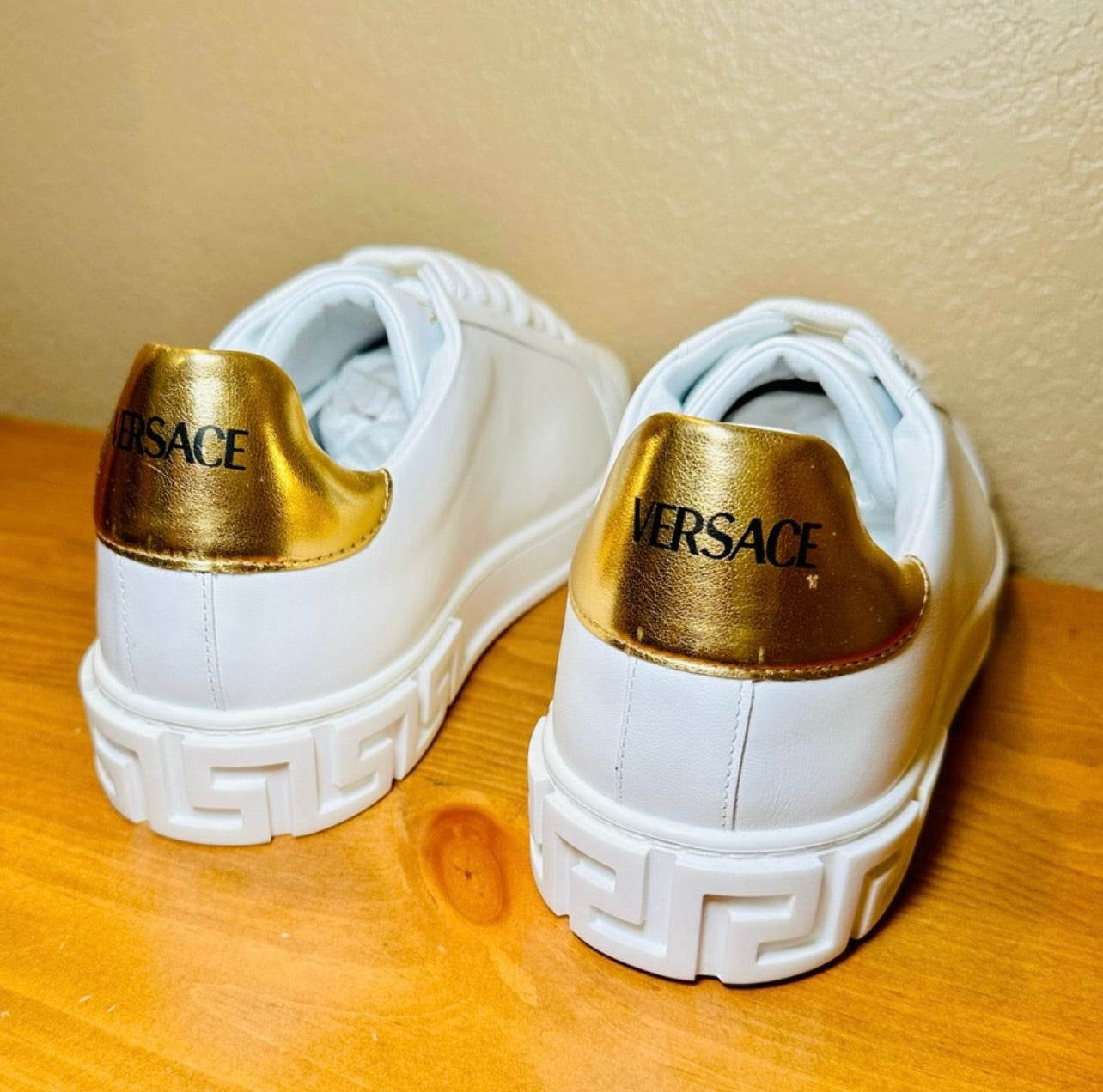 New Unisex Versace Gold & White Leather Athletic Sneakers