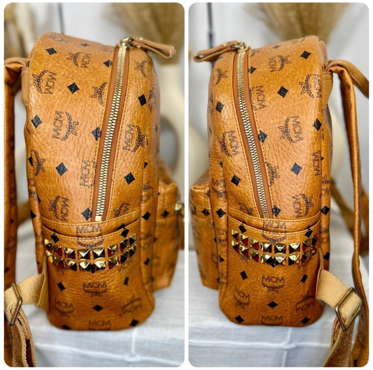 MCM Unisex Small Cognac Stark Visetos Side-Stud Backpack