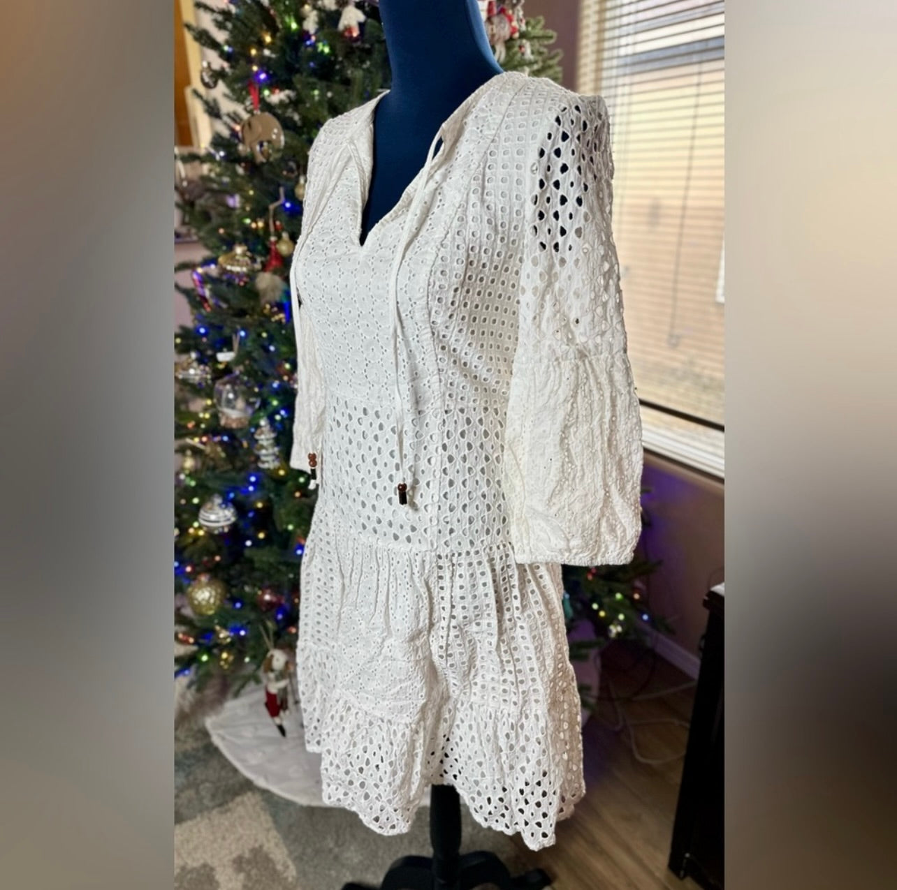Vince Camuto 3/4 Lantern Sleeve White Eyelet Lace Fir & Flare Dress