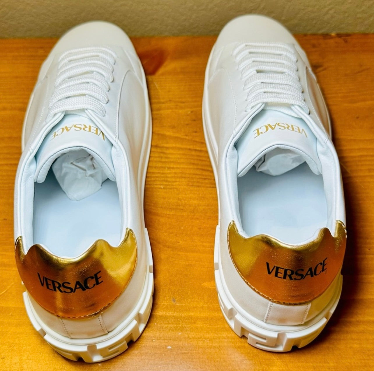 New Unisex Versace Gold & White Leather Athletic Sneakers