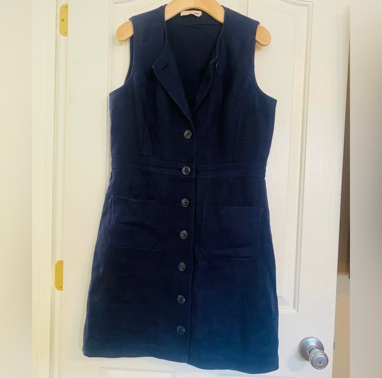 Tory Burch Indigo Navy Blue Button-Front Sleeveless Linen Shift Dress