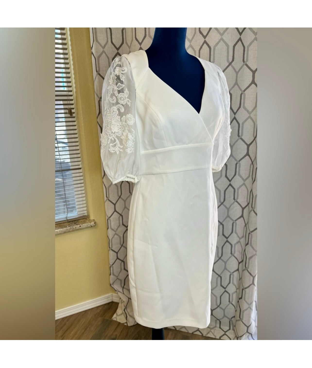 New BCBGMaxAzria Off White Embroidered Sleeve Evening Dress