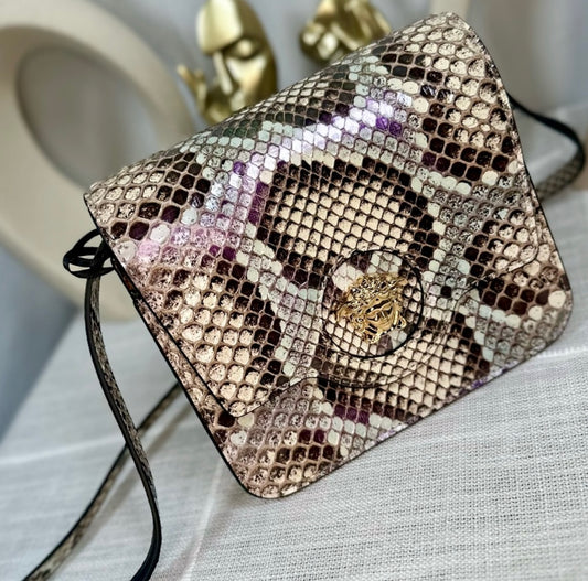 New Versace Genuine Iridescent Python & Leather Medusa Head Crossbody Bag