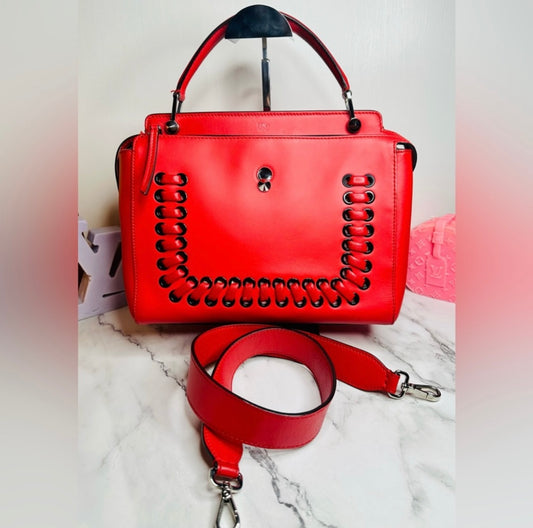 Fendi Medium Red Leather Whipstitch DotCom Convertible Satchel Bag