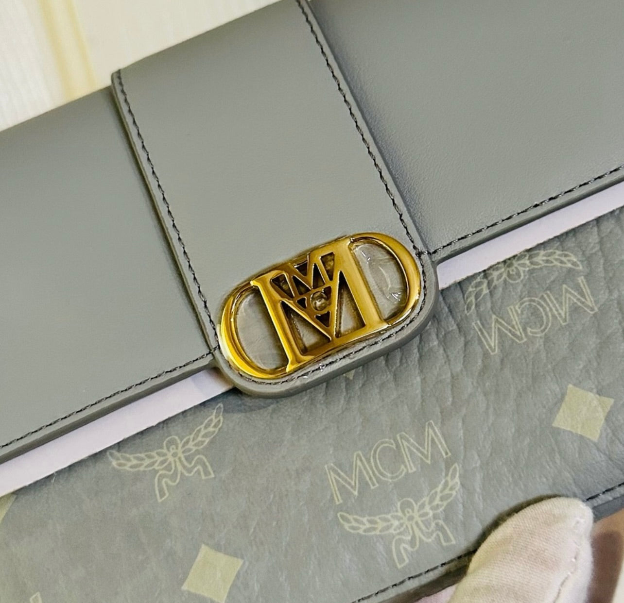 New MCM Misty Gray Mode Travia Logo Mixed Leather Shoulder Bag