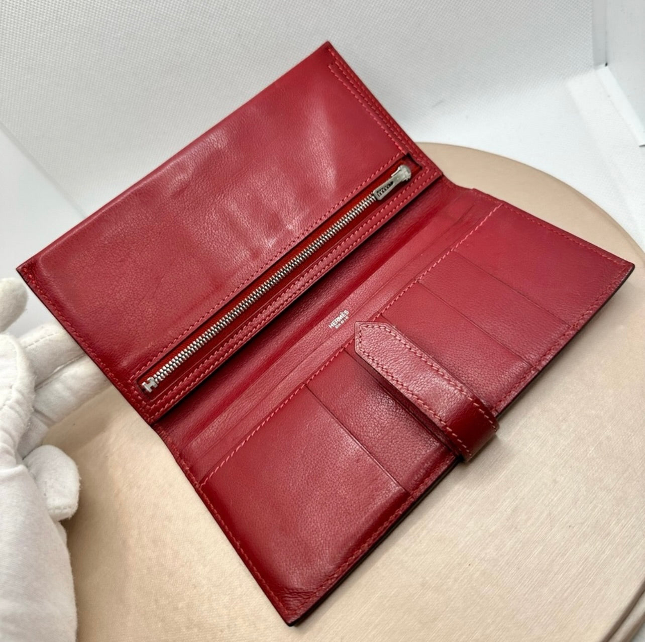 Hermés Dark Red Rouge Leather Bearn Verso Gusset Wallet