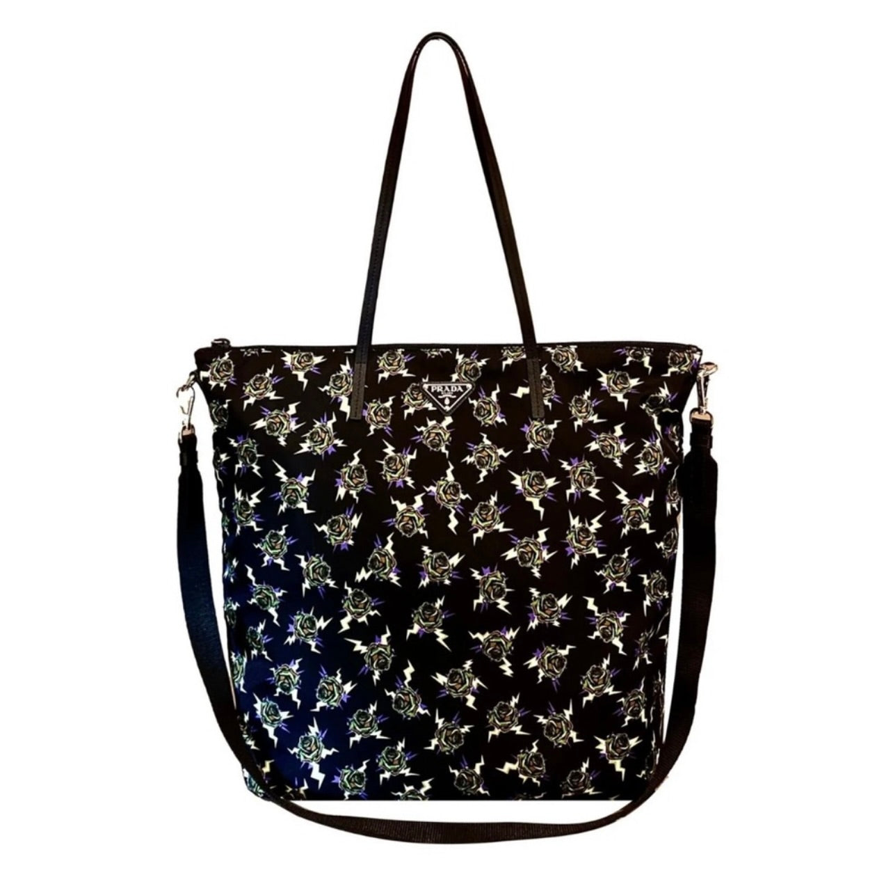 New Limited Edition Prada x Frankenstein Rose Print Nylon Convertible Shopper Tote Bag
