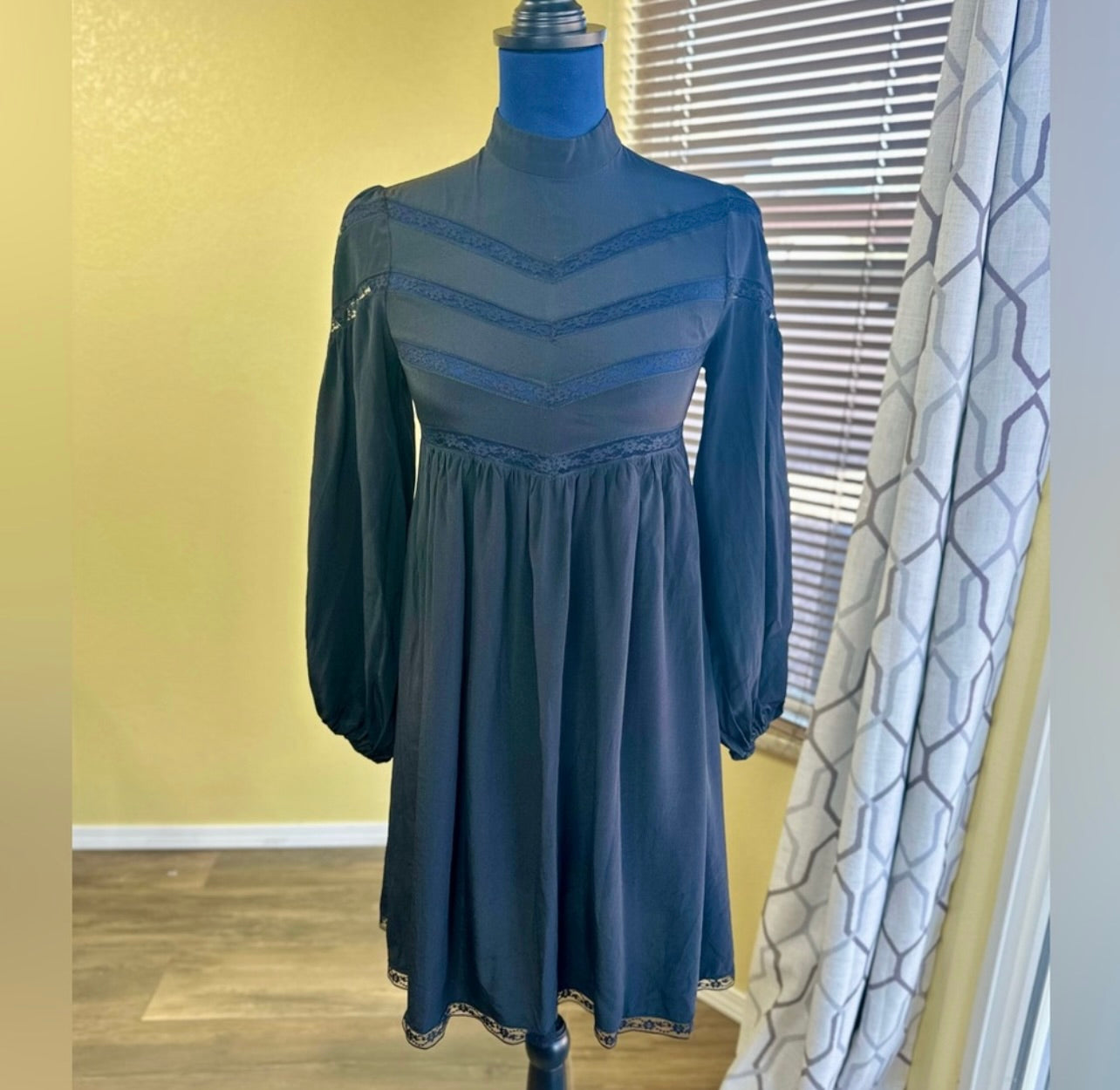 Zimmermann Black Silk Chevron Lace Mini Dress