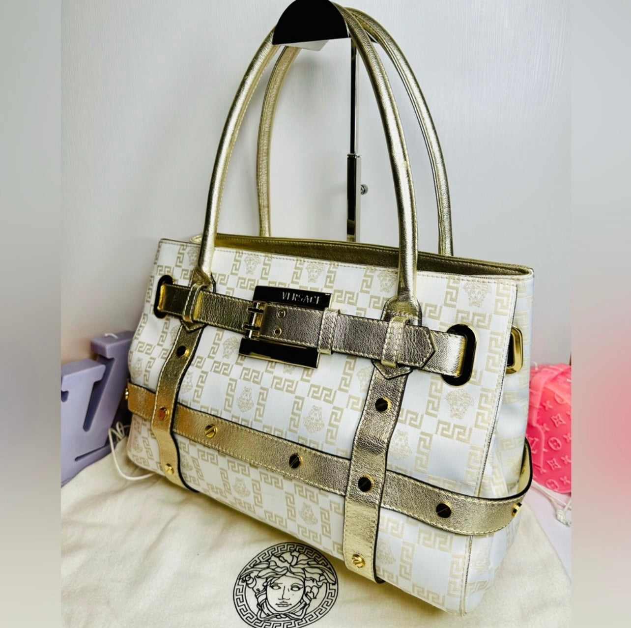 EUC VERSACE Medusa Gold & Cream Logo Print Canvas & Leather Shoulder Bag