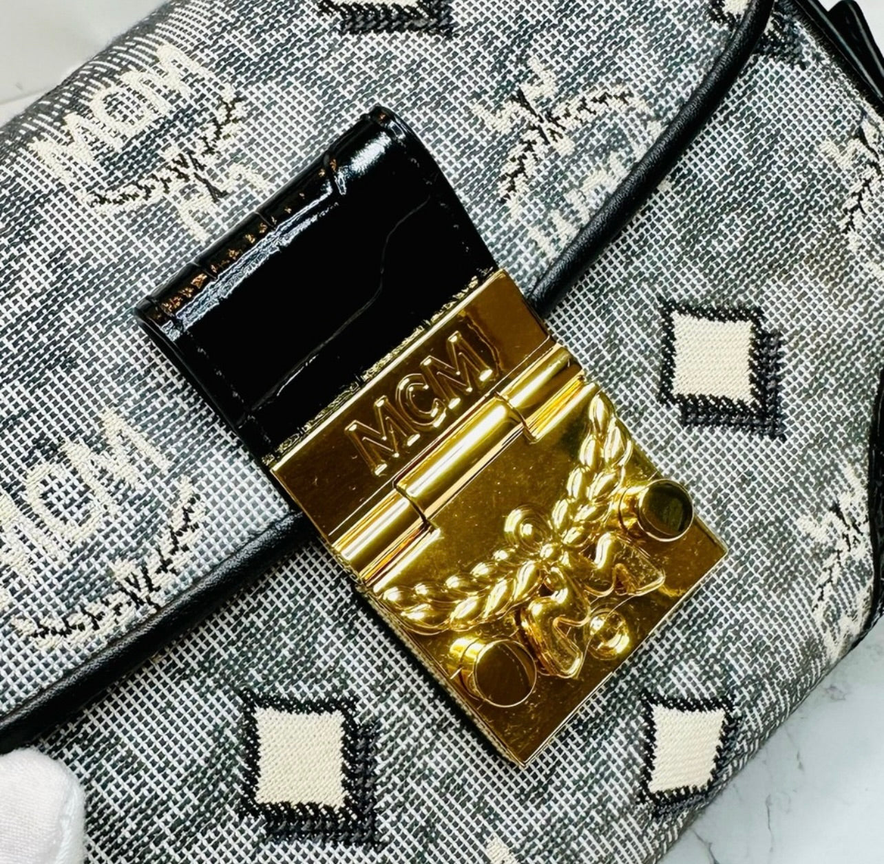 New MCM Small Gray Vintage Monogram Jacquard Studded Tracy Satchel Bag