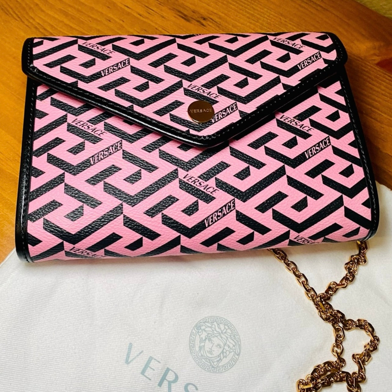 New Versace Pink La Greca Signature Coated Canvas Chain Crossbody Bag
