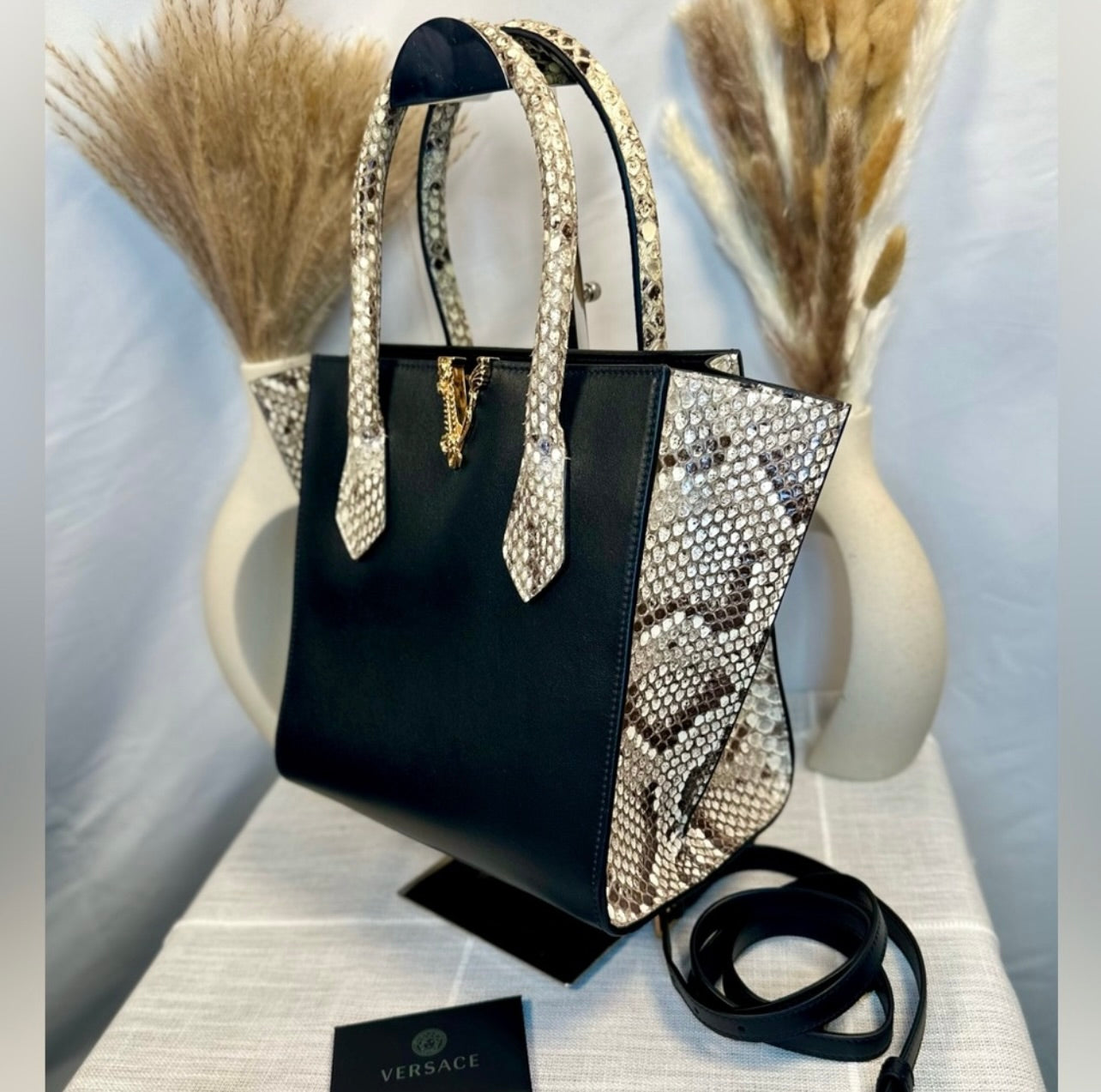 New VERSACE Medium Virtus Calf Leather & Python Handbag
