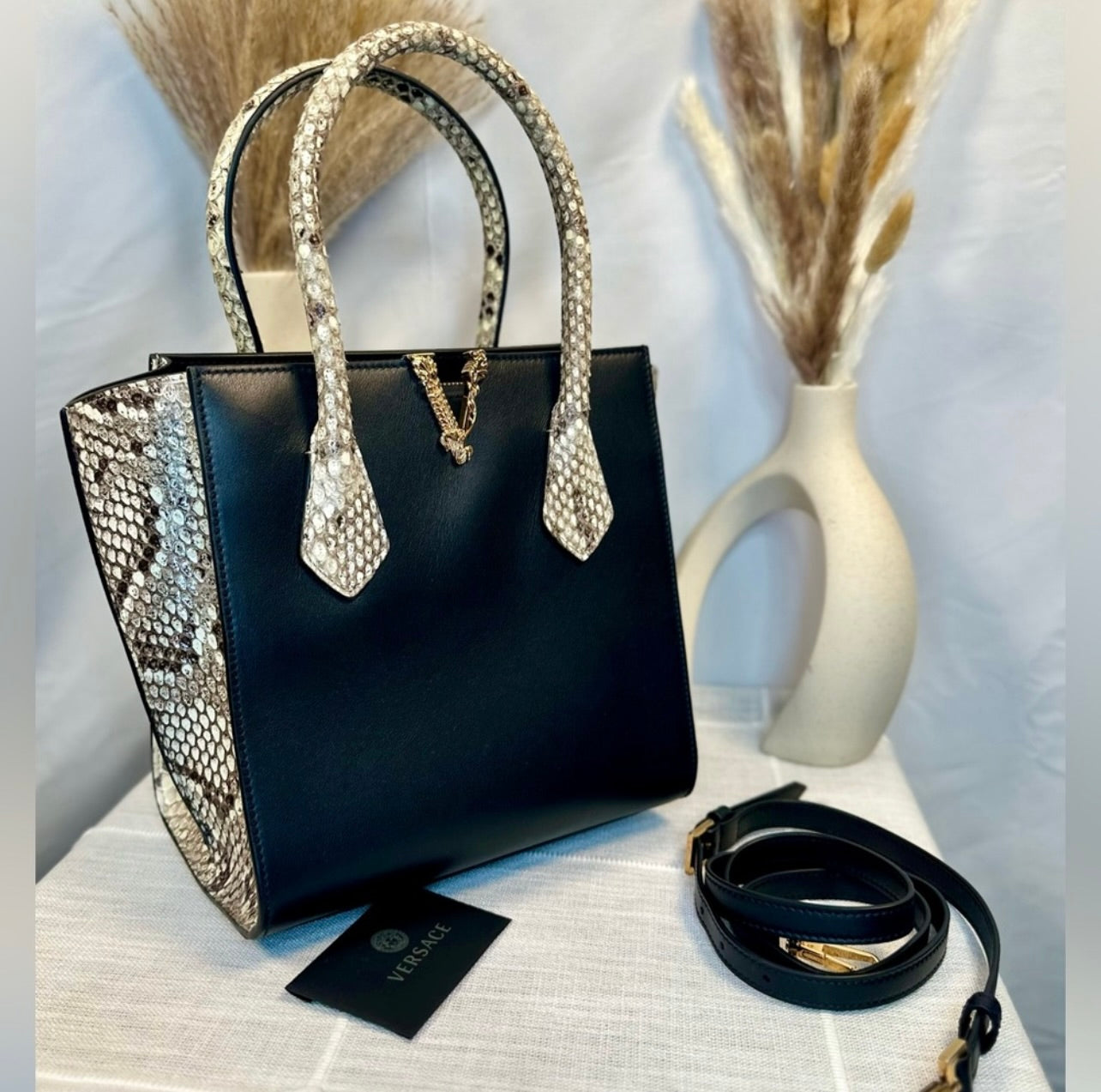New VERSACE Medium Virtus Calf Leather & Python Handbag