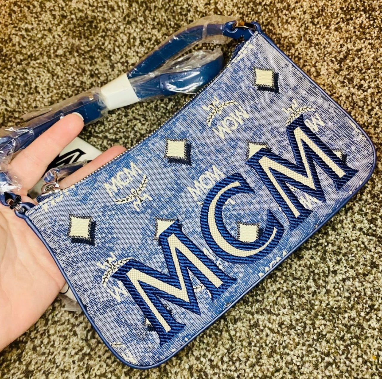 New MCM Blue Vintage Monogram Jacquard Aren Mini Shoulder Bag