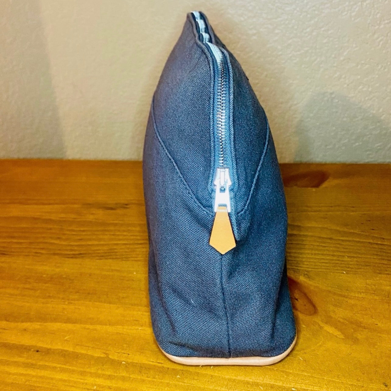 Vintage HERMES Gray Blue Canvas & Leather Bolide Cosmetic Pouch Purse MM