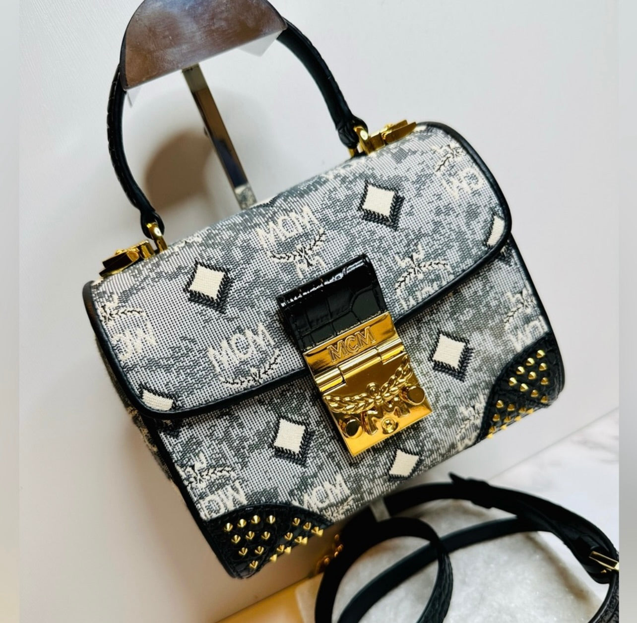 New MCM Small Gray Vintage Monogram Jacquard Studded Tracy Satchel Bag