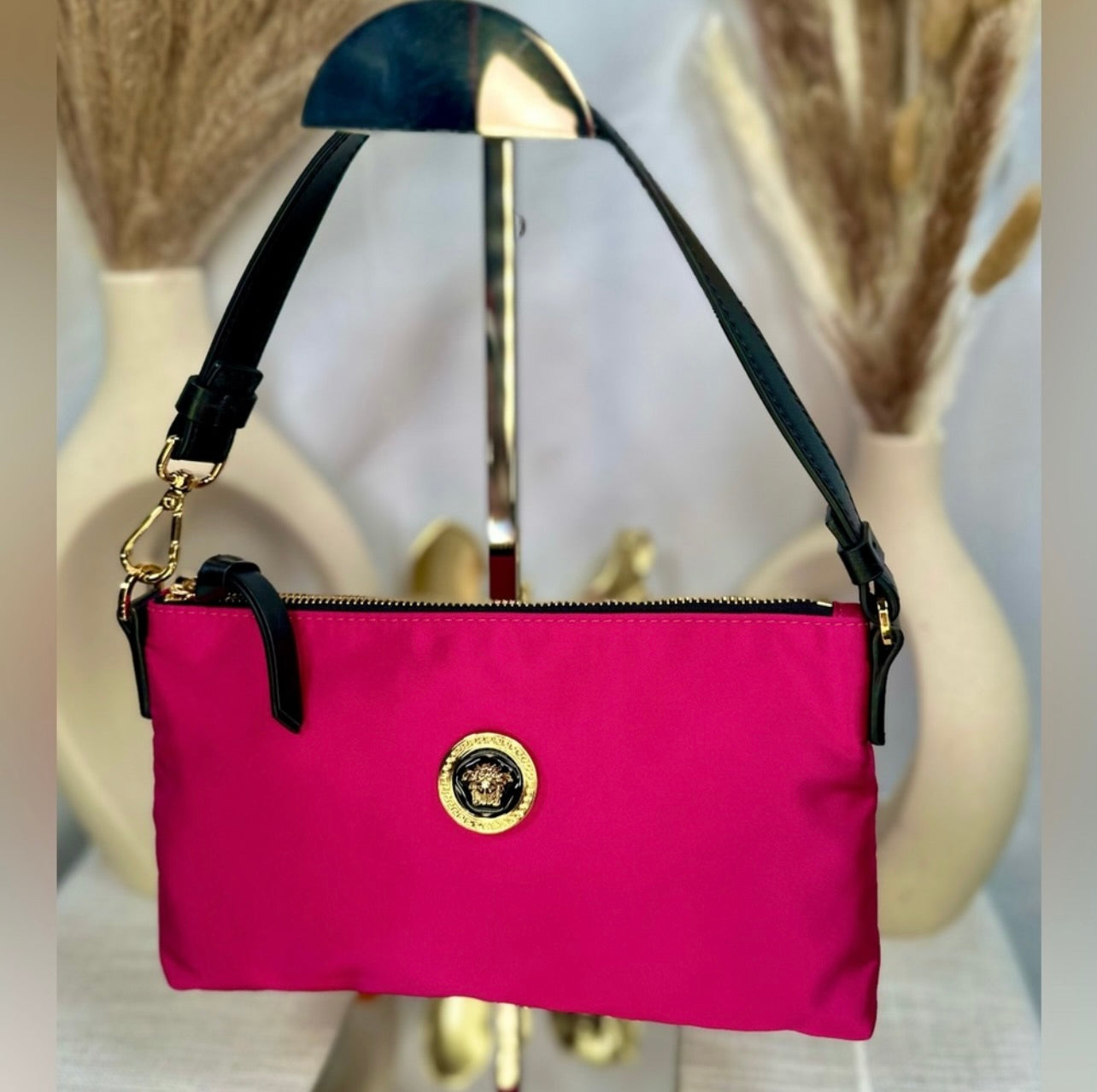New Versace Hot Pink Flamingo Satin Nylon Pouchette Bag