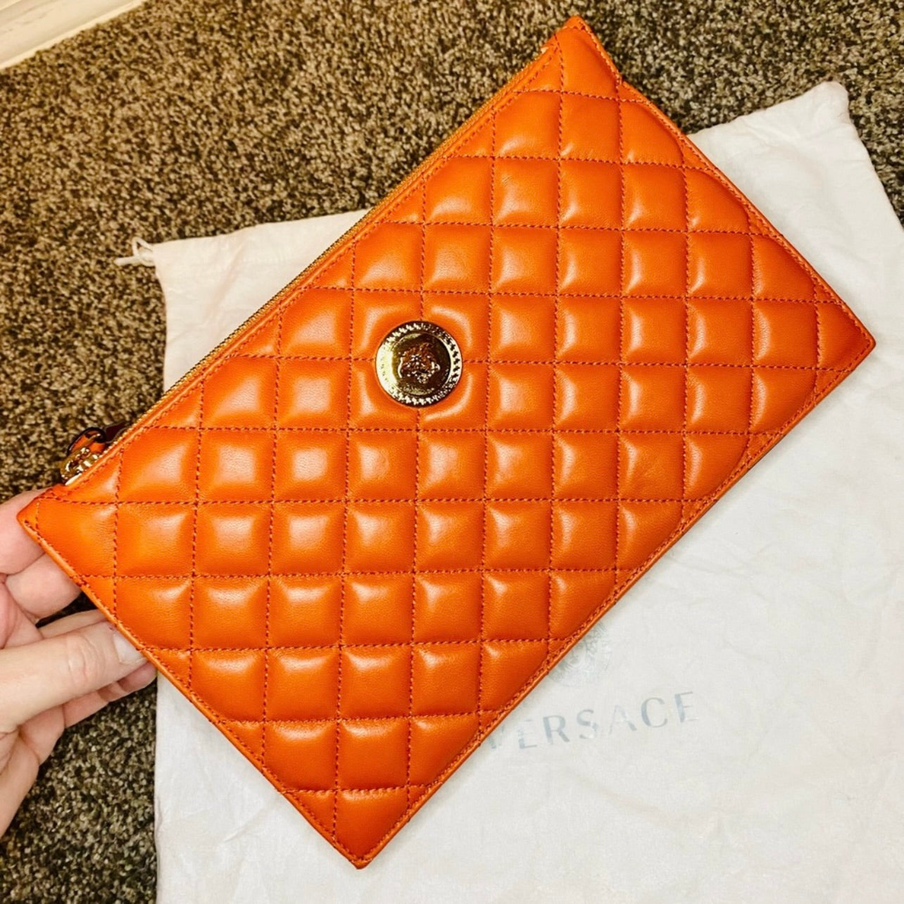 New Versace Quilted Dark Orange Lambskin Leather Small Crossbody Pouch