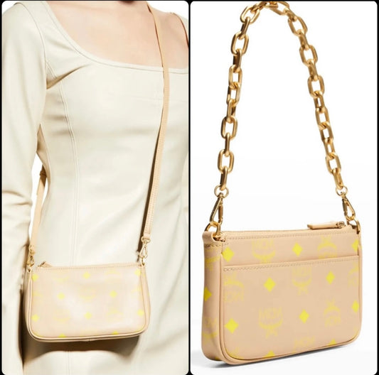 New MCM Croissant Yellow Mini Color Splash Logo Shoulder Bag