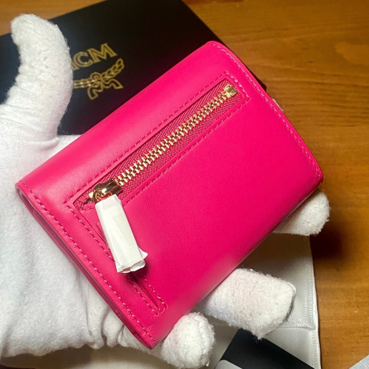 New MCM Beetroot Purple Nappa Leather Mode Travia Trifold Chain Wallet