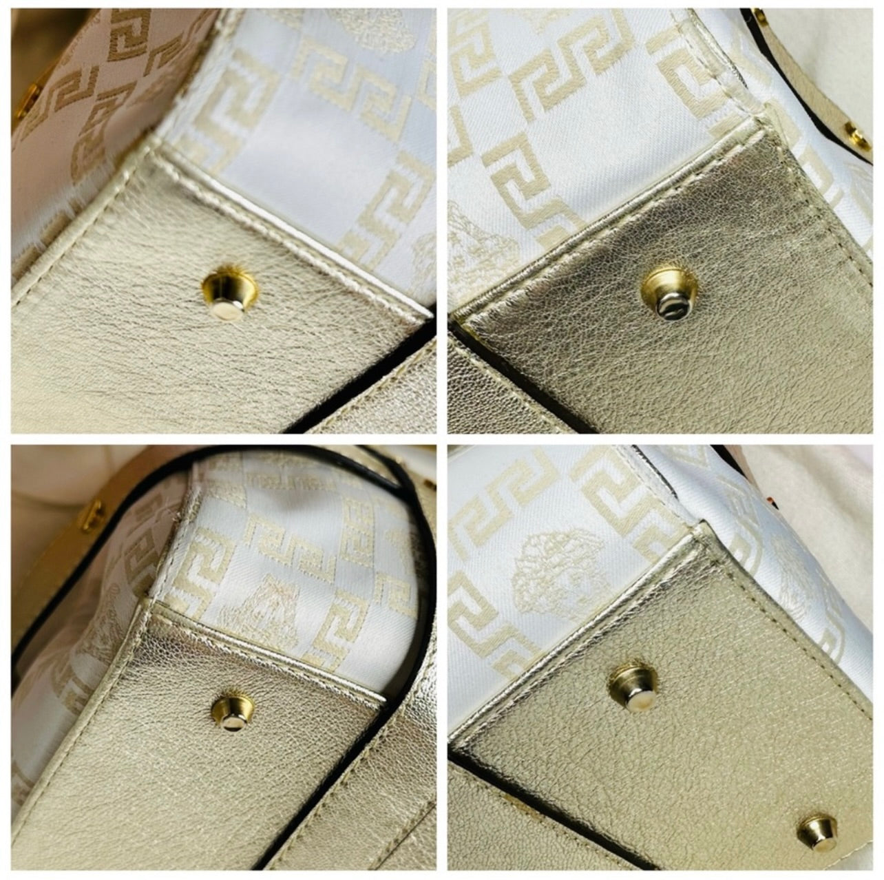 EUC VERSACE Medusa Gold & Cream Logo Print Canvas & Leather Shoulder Bag