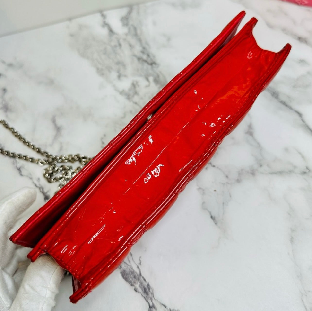 DIOR Coral Red Quilted Cannage Patent Calfskin Leather Lady Dior Chain Clutch