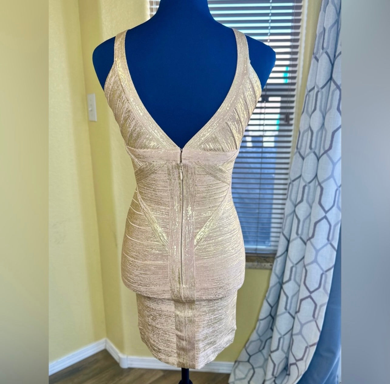 Herve Leger Ari Woodgrain Gold Foil-Print Dress