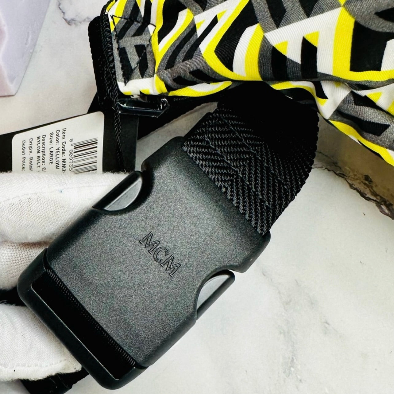 New Unisex MCM Large Black & Yellow Cubic Logo Nylon Belt Bag