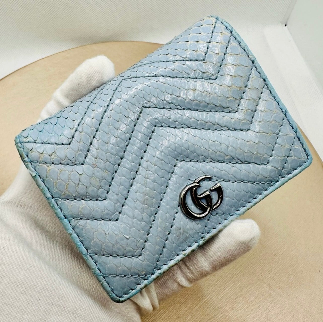 Gucci Baby Blue ‘GG Marmont’ Quilted Python Card Case Wallet
