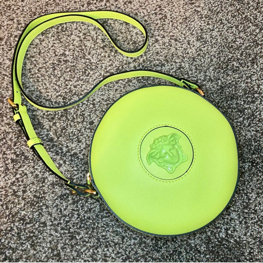 New Versace La Medusa Citron/Green Leather Disco Round Crossbody Bag