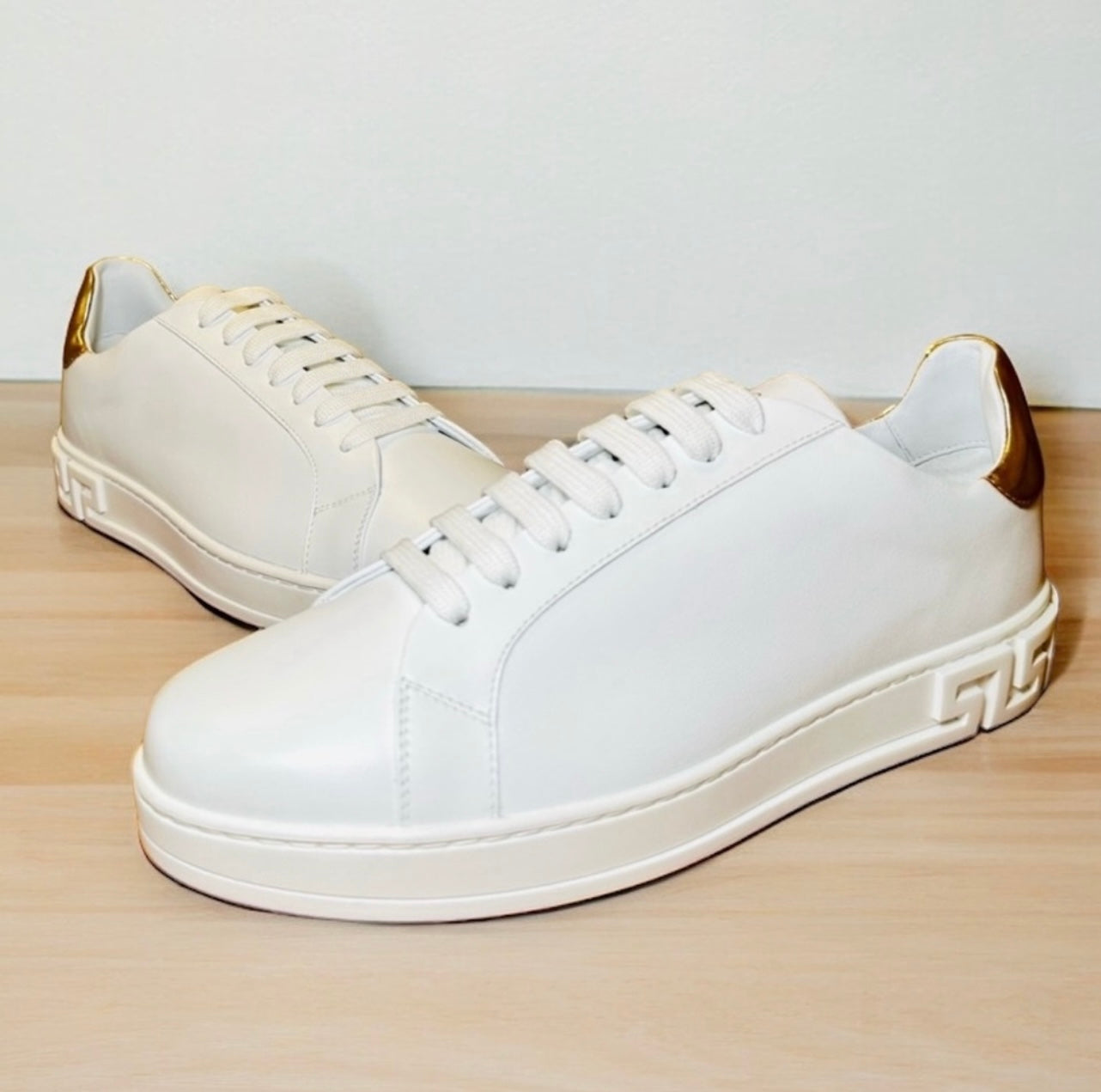 New Unisex Versace Gold & White Leather Athletic Sneakers