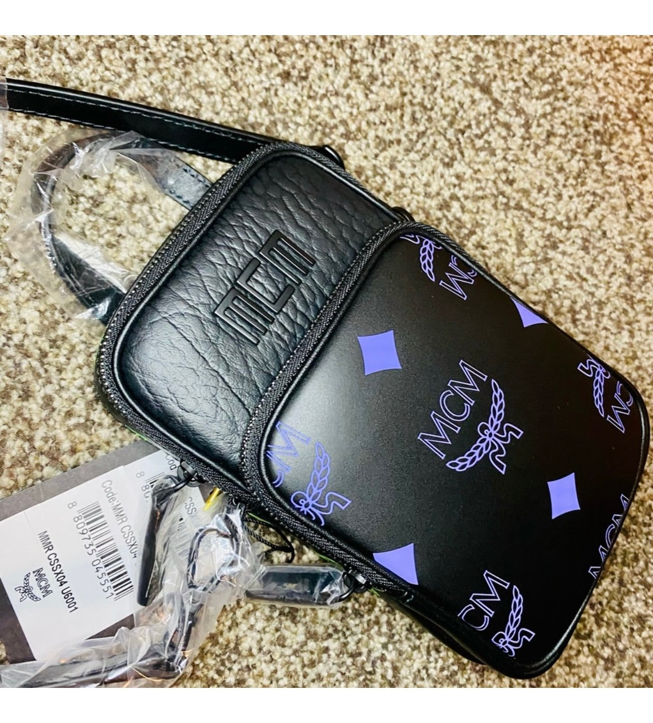 New Unisex MCM Black Leather Color Splash Logo Mini Crossbody Bag