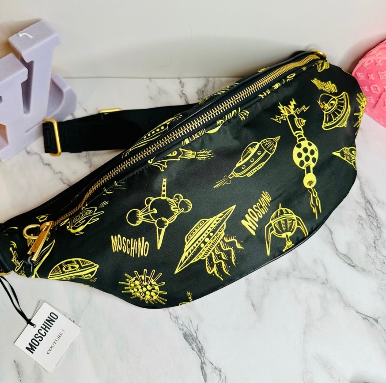 NEW! Moschino Black Nylon w/ Yellow Spaceship Print Oversized Belt Bag