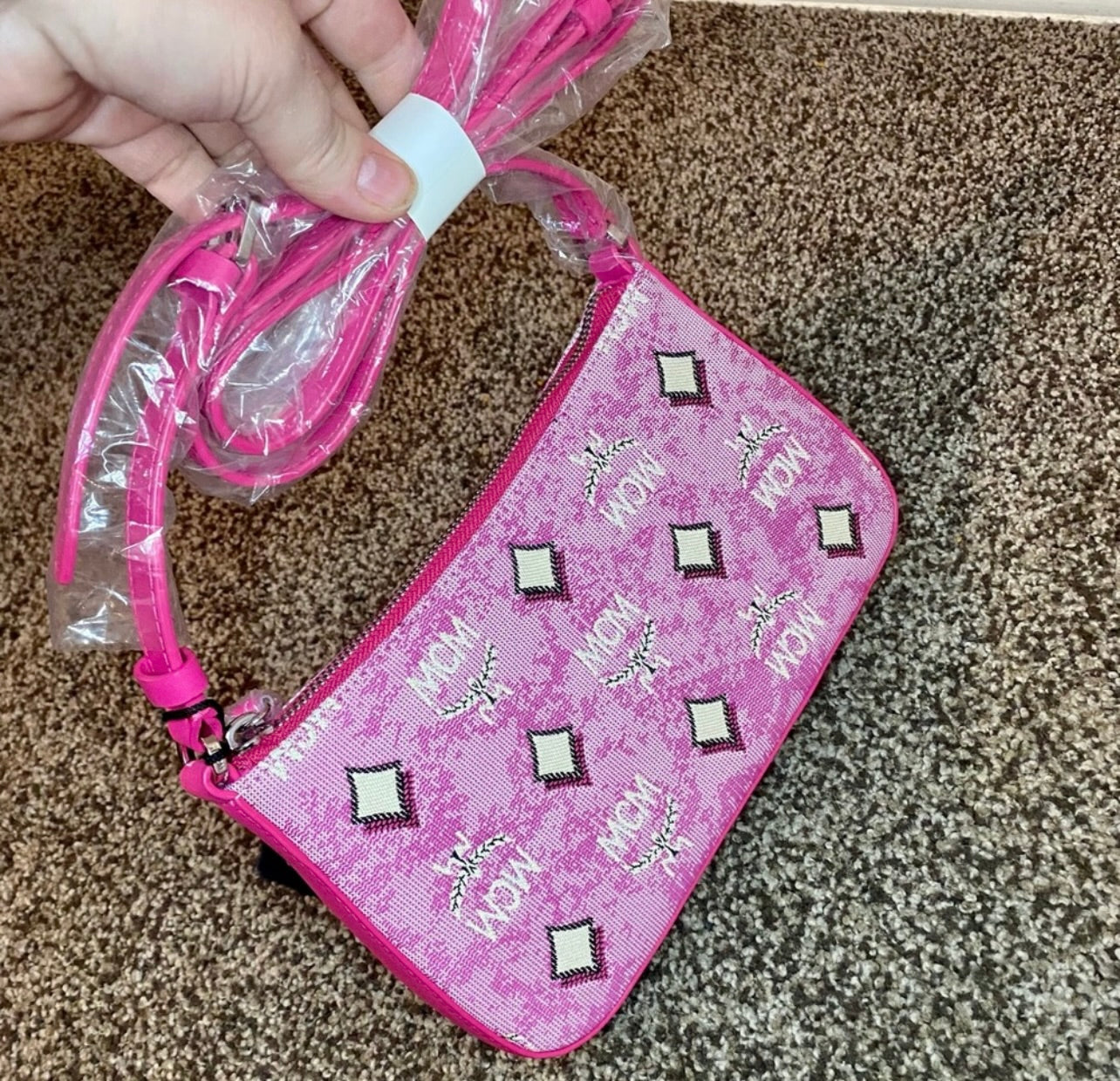 New MCM Pink Vintage Monogram Jacquard Aren Mini Shoulder Bag