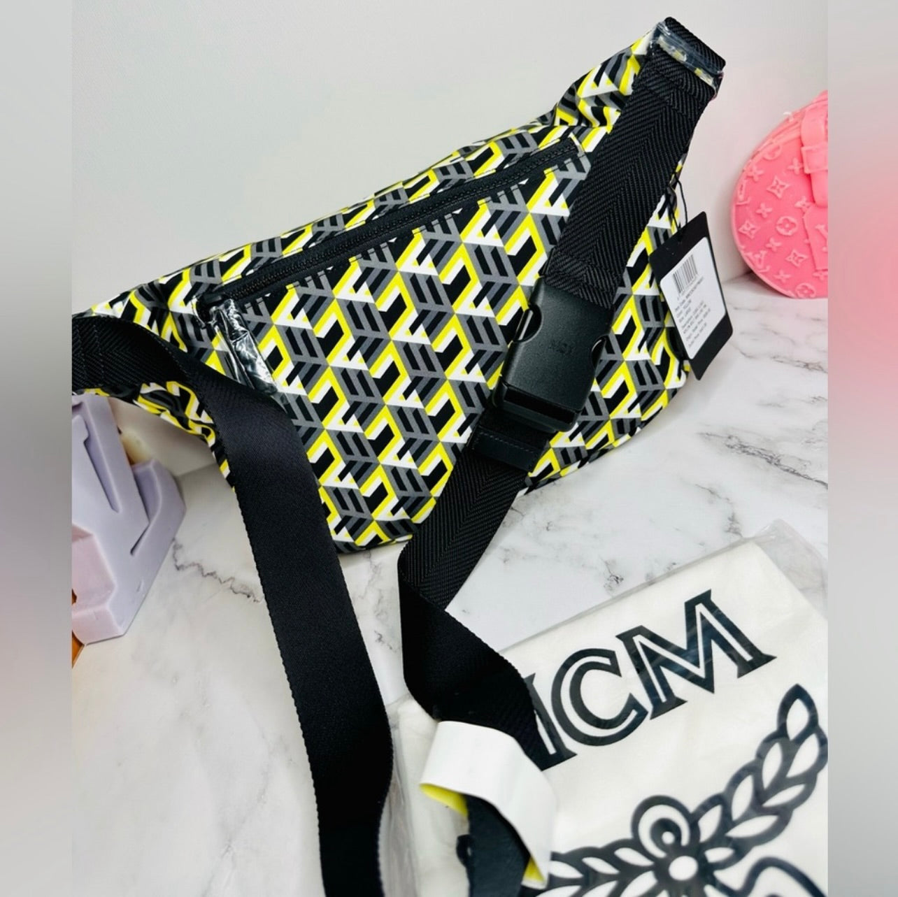 New Unisex MCM Large Black & Yellow Cubic Logo Nylon Belt Bag