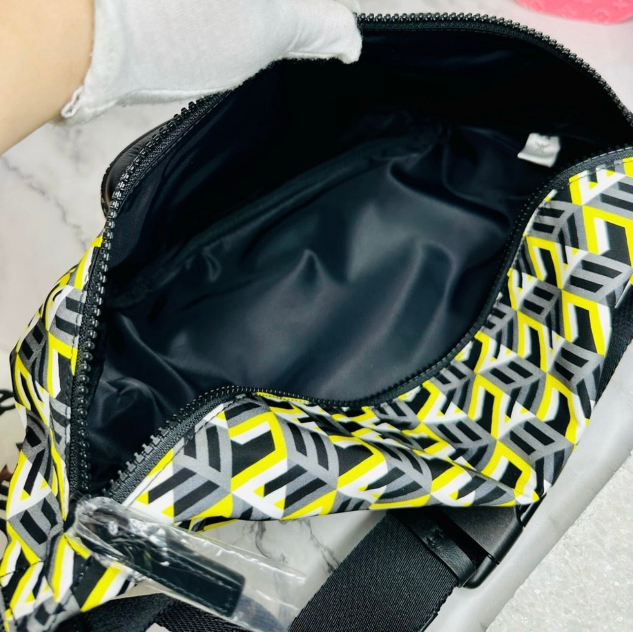 New Unisex MCM Large Black & Yellow Cubic Logo Nylon Belt Bag