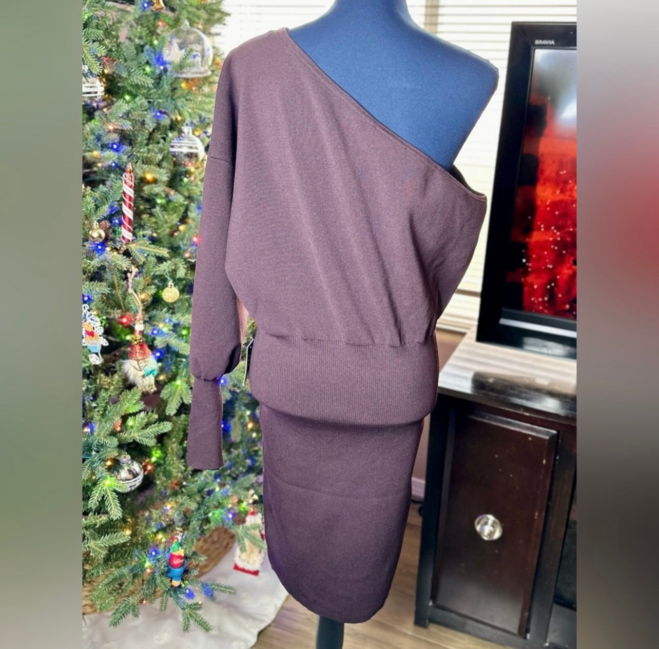 New Express Dark Purple One Shoulder Long Sleeve Mini Sheath Sweater Dress