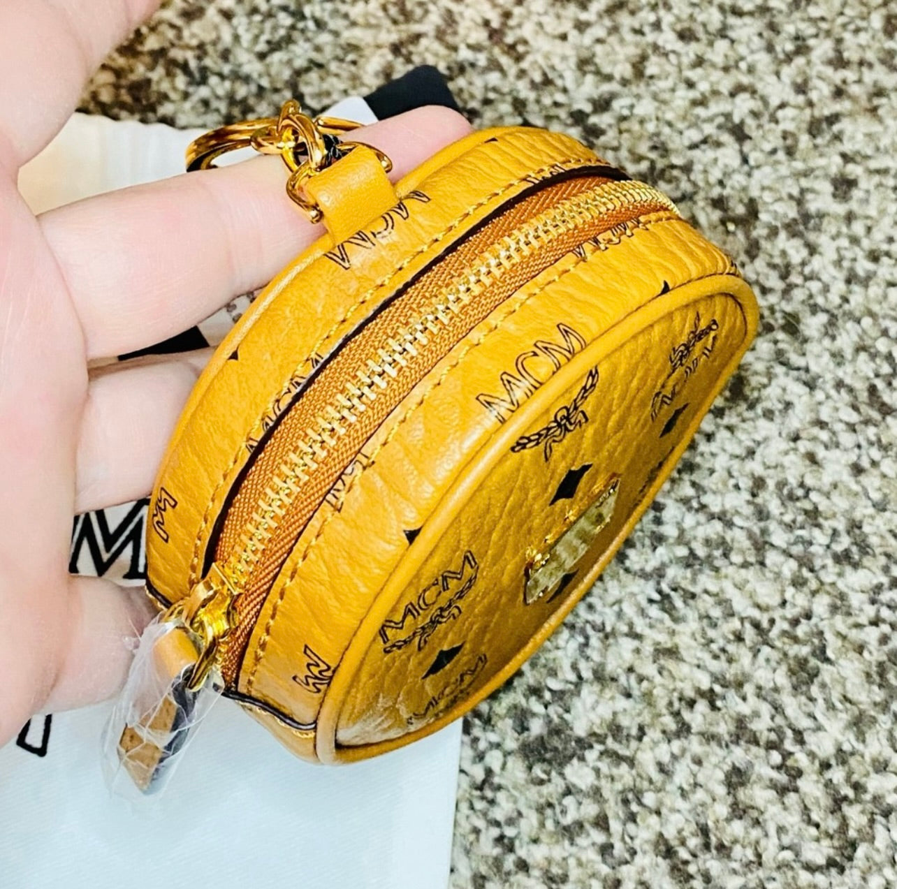 New MCM Cognac Round Tambour AirPod Case/Coin Purse/Key Bag Charm