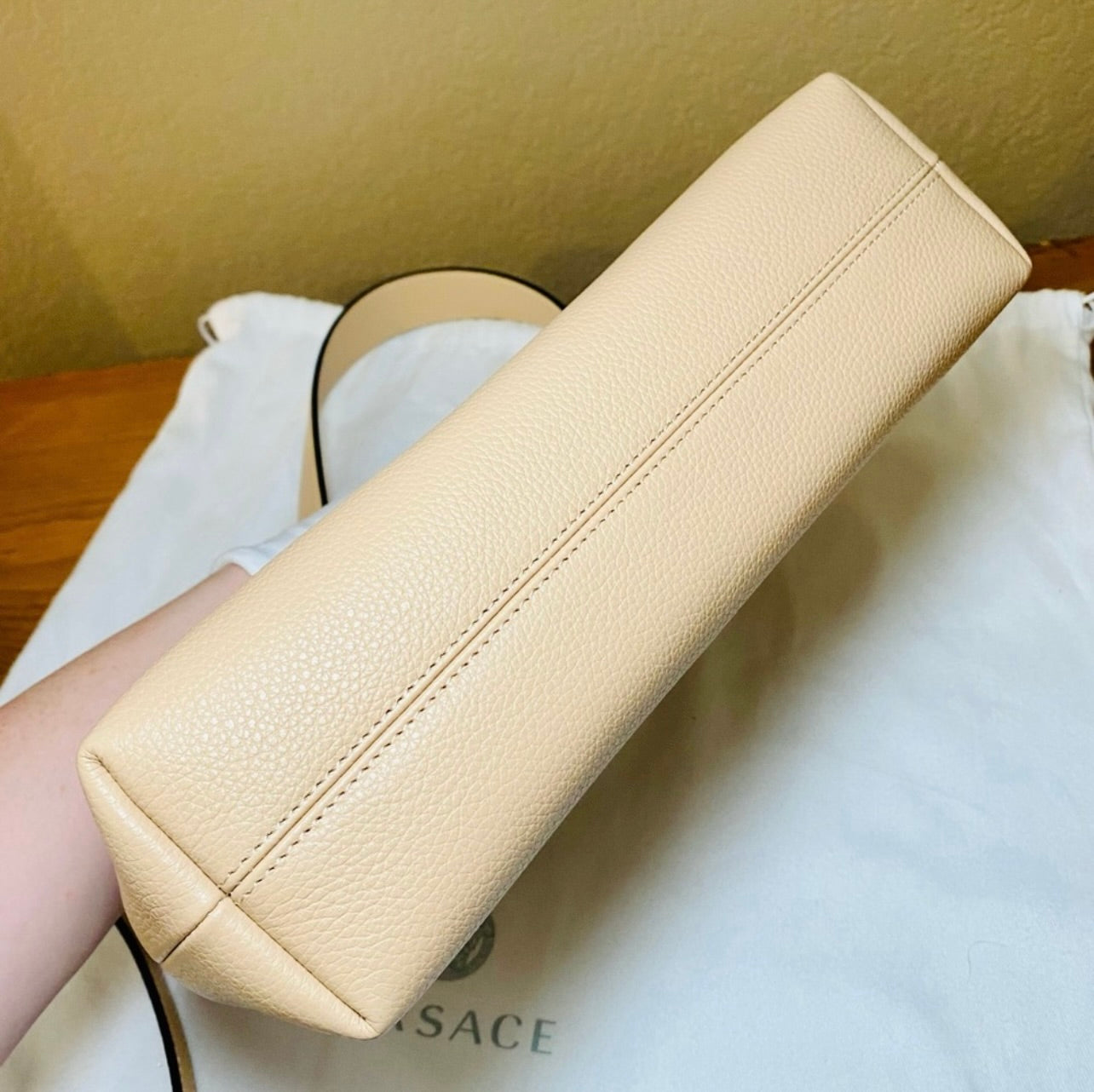 New VERSACE Vitello Virtus V Small Beige Grainy Calfskin Leather Shoulder Bag
