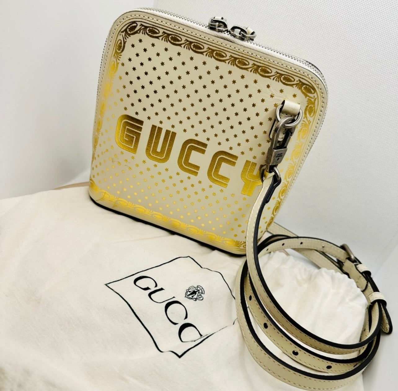 GUCCI x Sega White/Gold Leather GUCCY Mini Crossbody Bag