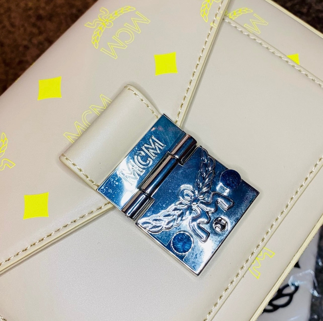 New MCM Millie Croissant Yellow Small Color Splash Logo Leather Crossbody Bag