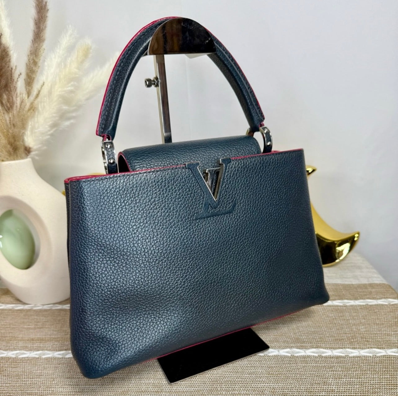 Louis Vuitton Cobalt Blue Taurillon Leather Capucines MM Bag w/ Fuchsia Trim