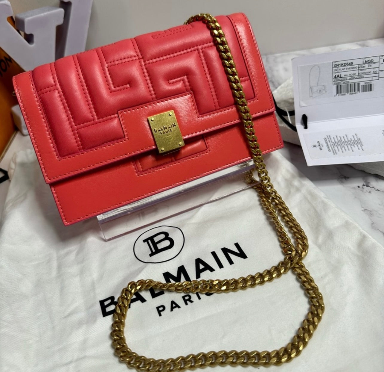 New Balmain Mini 1945 Rose Saumon Quilted Leather Bag