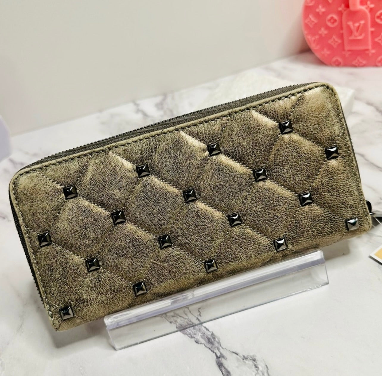 New Michael Kors Distressed Quilted Dark Gray Nickel Leather & Stud Long Wallet