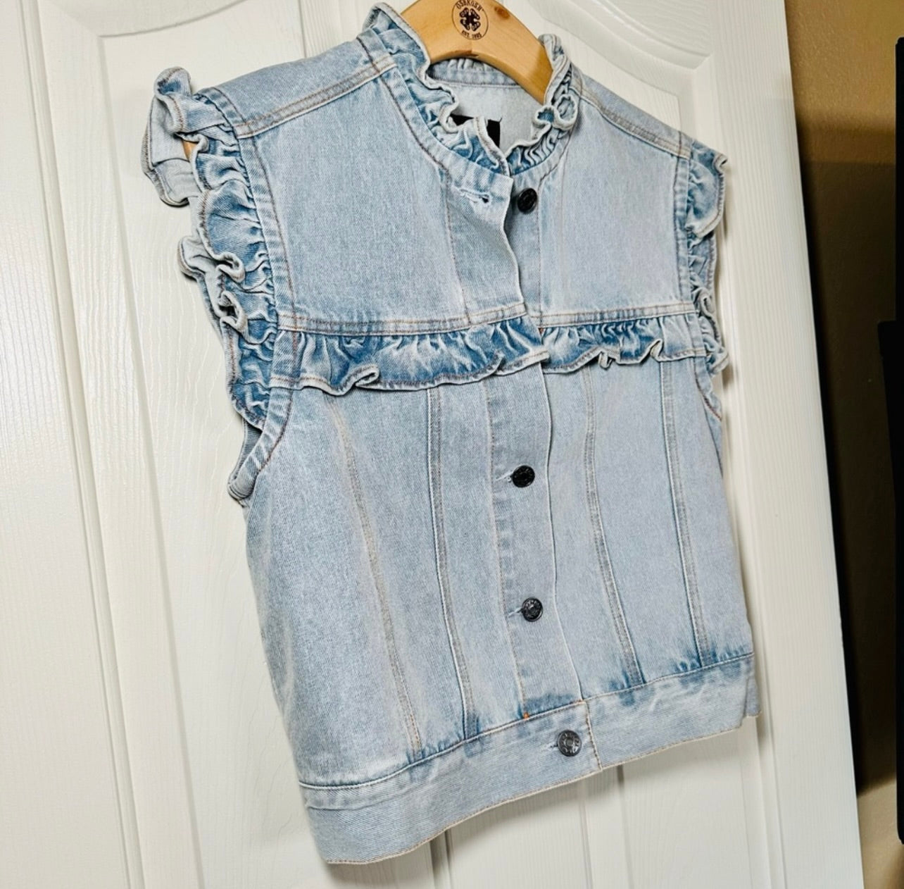 New Magali Pascal Charly Denim Ruffle Vest Jacket